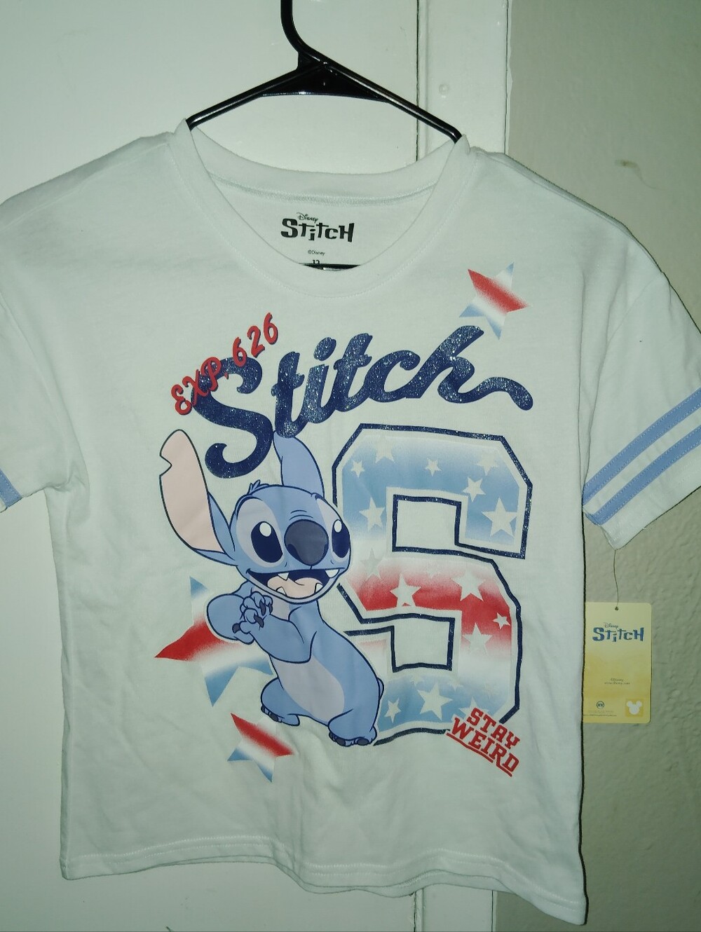 Disney White Short-Sleeve Stitch Graphic Tee with Blue & Red Accents Size 12